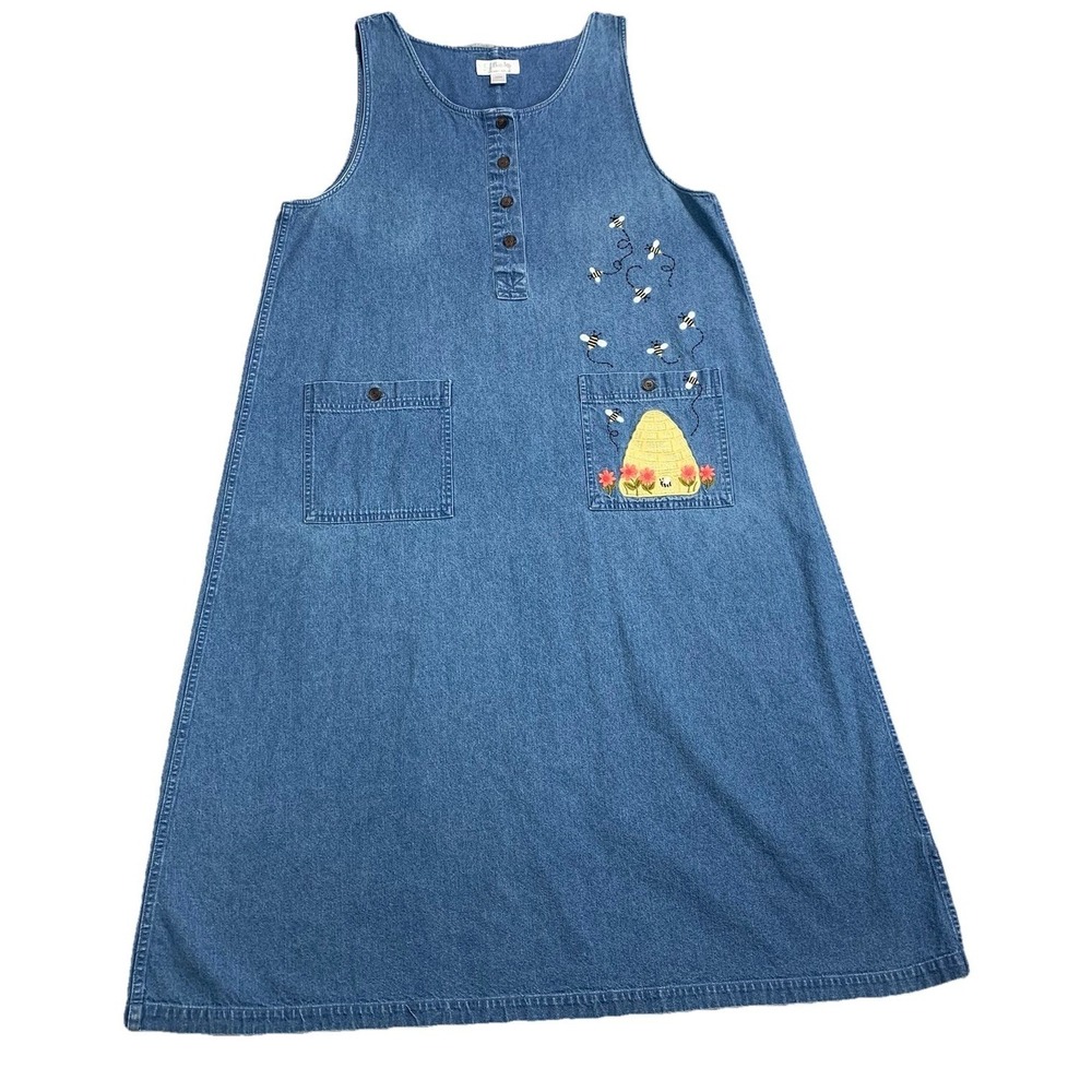 CJ Banks Denim Jumper Dress Womens 16W Blue Bee Embroidered Midi Pinafore - Picture 6 of 10